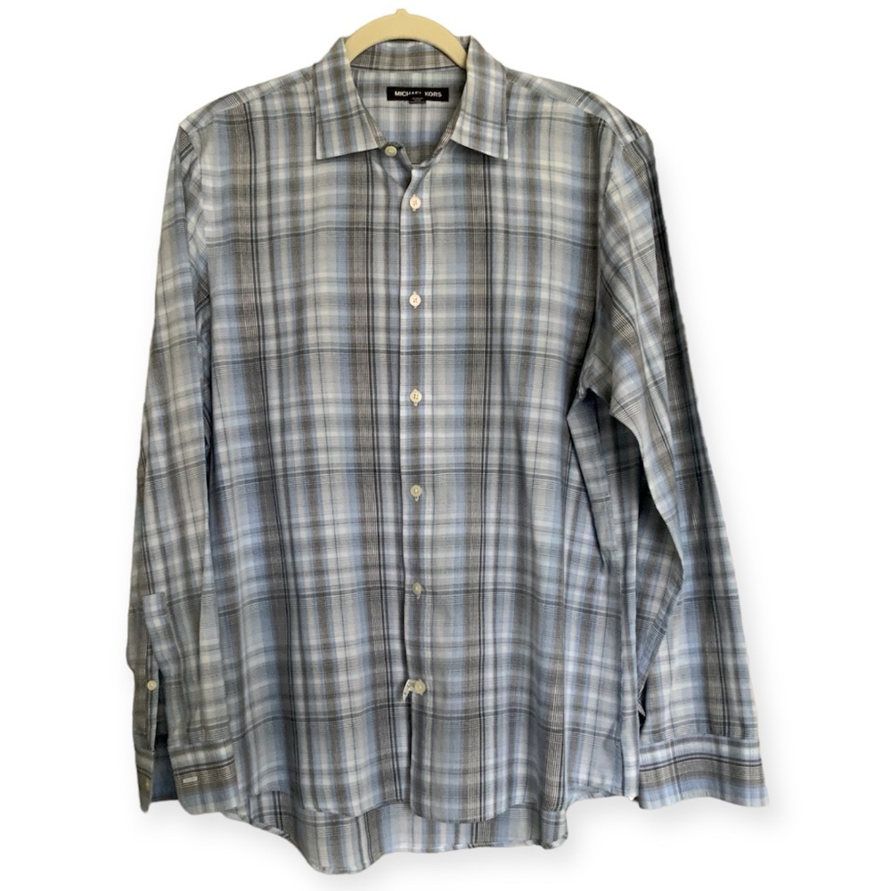 Michael Kors Men’s Button Down Shirt Blue Grey White Cotton Long Sleeve size L